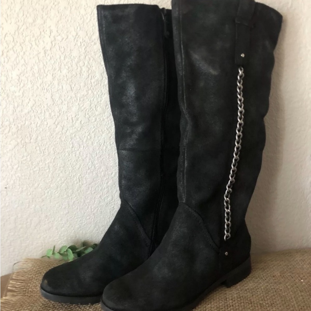 Rockport black metallic sheen, faux fur lined tall boot chain detail zip up 7.5